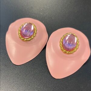 Vintage- Pink Gemstone Pink-Tone Metal Pierced Earrings - Unbranded